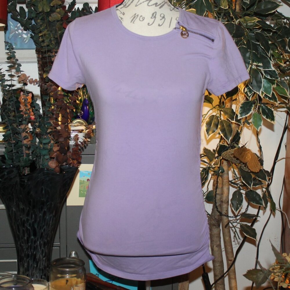 Lilac Michael Kors Logo Zipper Shirred Sides Top Blouse Shirt PM
